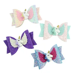 Boutique Unicorn Party Hair Bows Barn Hår Tillbehör Tjejer Barretes Sequins Glitter Bow Kids Fashion Hairclip Gift 5549 Q2