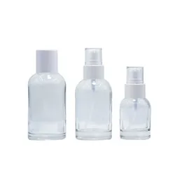 Bolsa de vidro de embalagem ombro redondo de colarinho branco Loção branca Bomba de espátula Clear Lid com plug portátil Recipiente de embalagem de cosméticos 40ml 100ml 120ml