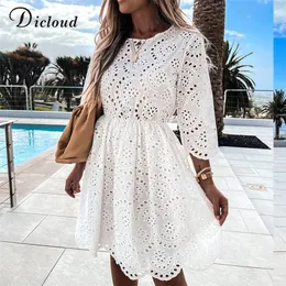 Dicloud White Lace Women Dress Dress Party Wedding Summer 3/4 Rękaw Jesienna jesień Eleganckie ubranie Lady Hollow Out Sukienki 220426