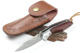 Coltello per cartelle flipper Damasco di alta qualità VG10 Lama in acciaio di Damasco Palissandro + Manico a testa in acciaio Cuscinetto a sfera Coltelli tascabili EDC con fodero in pelle