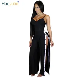 Haoyuan Spaghetti Strap Loose Jumpsuits 2017 New Summer Leotard Full Bodysuit Overall Sides Split Sexy Rompers Women Jumpsuit Q1110