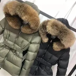 Womens Down Jacket Top quality Winter Jackets Coats Real raccoon hair collar Warm Fashion Parkas With Belt Lady cotton Coat Outerwear Big Pocket