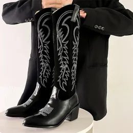 Sticken Sie Western-Cowboystiefel für Damen, High Heels, Damen, Frühling, Herbst, Cowgirl-Schuhe, breites Kalb, Schwarz, Rosa, 220810