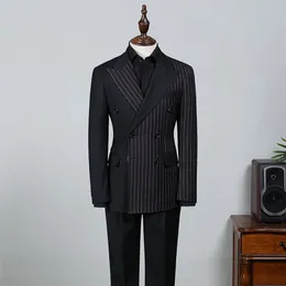 Double Breasted Black Striped Mens Suits For Wedding Custom Made Groom Dress Tuxedos For Man Costume Homme Man Blazer Pants 220817