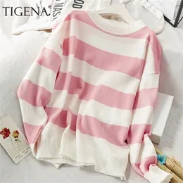 Tigena Contraste Color Sweater Liturado Logo Mulheres Jumper outono Inverno Coreano Kawaii Sweater Cute Sweater Feminino LJ201126