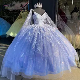 Elegant Quinceanera Dresses With Cape Lace Applique Vestido para 15 Años 2022 Sequin Sweet 16 Prom Gowns