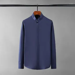 ソリッドカラーの男性シャツ高級長袖スタンドカラーカジュアルメンズドレスファッションスリムフィットパーティーマン 4XL メンズ