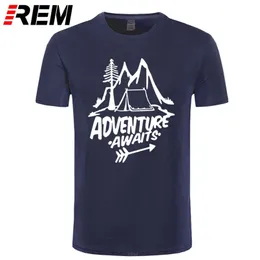 REM Adventure Awaits Letter T-shirt Travel, Pine Tree, Mountains, Tent Printing T-shirt Top Quality Pure Cotton Unisex 220507