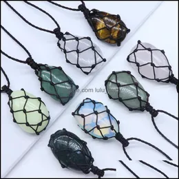 Pendant Necklaces Healing Crystal Oval Natural Stone Weave Net Bag Charms Green Pink Opal Rope Chain Necklace Baby Dhdvw
