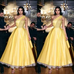 여성을위한 어깨 노란색 무도회 드레스 2022 새틴 이브닝 드레스 칵테일 파티 가운 숙녀 공식 의상