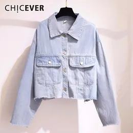Chicever Denim Womens 재킷 옷깃 칼라 칼라 긴 슬리브 포켓 대형 짧은 코트 여성 Korean Spring Summer 201029