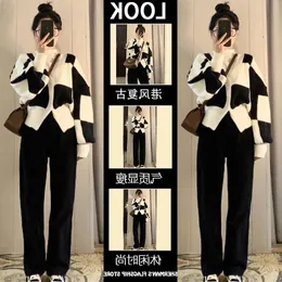 Women's Two Piece Pants Collocation Small Stature Show High Net Red Fried Street Cool Girl To Wear Sweater Wide Leg Trouser Suit Western Sty