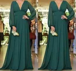 Abiti per la madre della sposa a maniche lunghe in chiffon modesto Abiti da sera formali con scollo a V verde scuro Custom Made BC14001 0805