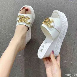 Chain High Heels Slippers Women Wedding Shoes Summer 2022 White Black Platform Wedges Slides Ladies Beac Y220409
