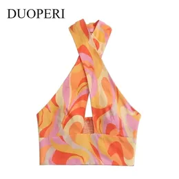 DUOPERI Women Fashion with Crossover Straps Tank Sexy Printed Tops Strapless Slim Fitted Female Camis Chic Crop Top 220325