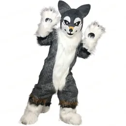 Performance Grey Long Fur Husky Dog Mascot Costumes Halloween Natale Personaggio dei cartoni animati Abiti Suit Pubblicità Carnevale Unisex Adulti Outfit