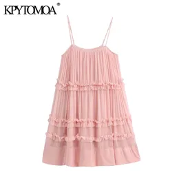 Kpytomoa Women 2020 Sweet Fashion Frust Mini Dress Vintage Lluvless Landless Spaghetti Strap Female Vestidos Mujer T200603