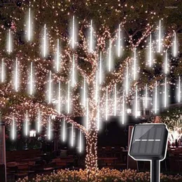 Strings LED LED Luz de chuva de chuveiro de meteoros solares ao ar livre 30cm 144 icicle neve caia de chuva Fairy Garland