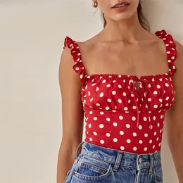 POLKA DOT CASUAR SUMMER TOPS FOR WOMEN Square Neck Tie Sreeveless Frill Strap Crop Top Back Smocked Fist Sexy Cami Top 220519