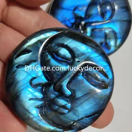 Natural Labradorite Sun and Moon Face Statue Reiki Healing Gifts Gorgeous Quartz Crystal Carving Mineral Specimen Collection Home Decoration Approx 2" Pocket Stone