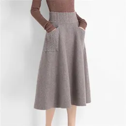 High Waist Women Winter Wool Knitting Long Skirts Faldas Jupe Femme Saia Korean Office Ladies Vintage Black Skirt With Pocket 220317