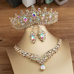 Gorgeous Crystal AB Bröllopssmycken Set Mode Huvudstycken Örhängen Halsband Set för kvinnor Bröllopsklänning Crown Tiara