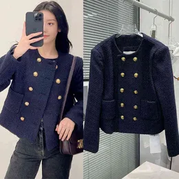 spring and summer new celebrity small fragrance navy blue double breasted gold button wool tweed short coat