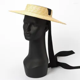 Geniş Memlu Şapkalar Kral Buğday Düz Çatı Bandajı Yaz Kadınlar Güneş Açık Seyahat Sahne Gösterisi Kapak Doğal Straw Boater Şapkası Kravat Şeridi Delm22