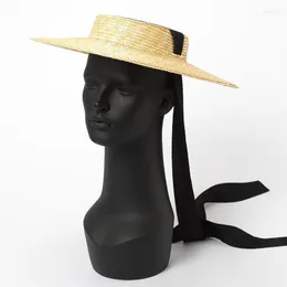 Cappelli a tesa larga King Wheat Tetto piatto Fasciatura Estate Donna Sole Viaggio all'aperto Spettacolo teatrale Cappello Paglietta naturale con nastro cravatta Delm22