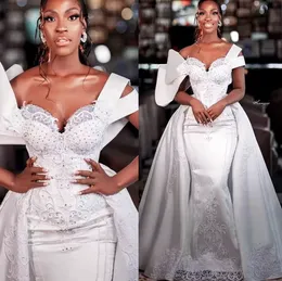 African Mermaid Wedding Dresses Overskirt Bridal Gown Lace Applique Beaded One Shoulder Strap Sweep Train Custom Made vestidos