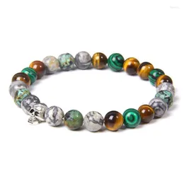 Beaded Strands 2022 Natural Tiger Eye Bracelet Men's Skull 8mm Polished African Beads Jewelry Silver Plated Pulsera Fawn22