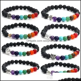 Perlenstränge Armbänder Schmuck handgefertigt 8 mm 7 Chakren natürliche Lavasteinperlen Armband für Männer Buddha Kopf Baum des Lebens Eule Elefant Cha