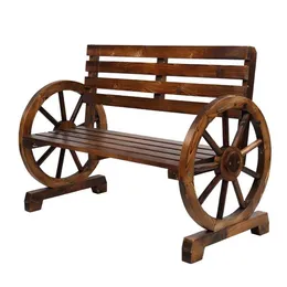 Other Furniture wooden wheelchair Rustic 2-Person Wooden Wagon Wheel Bench with Slatted Seat and Backrest Brown
