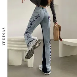 Yedinas European Spring Denim Back Letters Embroidery Thin Loose Highwaisted Jeans Straight Pants Women Fashion Streetwear 210527