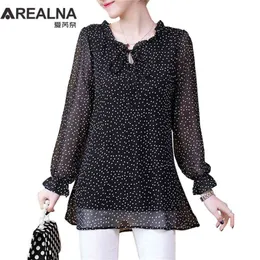 Kimono Plus Size 5XL Chiffon Polka Dot Blouse Women Long Sleeve Clothing Korean Fashion Front Tie Women's Tunic Shirt Tops 210326