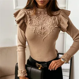 Women Knit Patchwork Ribber T Shirt Long Sleeve Ruffles Blouse Crew Neck Button Mesh Turtleneck Tops Autumn Winter Sweater Blusa 220714