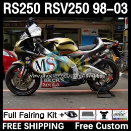 アプリリアのフェアリングとタンクカバーRS 250 RSV-250 RS-250 RSV250 98-03 4DH.80 RS250 RR RS250R 98 99 00 01 02 03 RSV250RR 1998 1999 2000 2001 2001 2002 2003ボディゴールデンブラックブラックブラックブラック