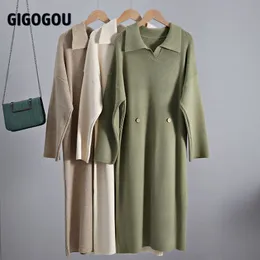 Gigogou överdimensionerad Autumn Winter Women Dress Turndown Collar Button Definied midjetröja Klänningar Tjock varm Pullover Midi -klänning 210303