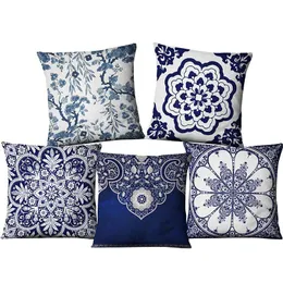 Almofada/travesseiro decorativo estilo chinês Decorativo Almofadas capa azul e branca porcelana Mandala de linho Cushion Sofá Chai