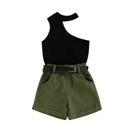 FOCUSNORM 1 6Y Summer Fashion Little Girls 2pcs Clothes Sets Off Shoulder Halter Solid Vest Tops High Waist Shorts With Belt 220620