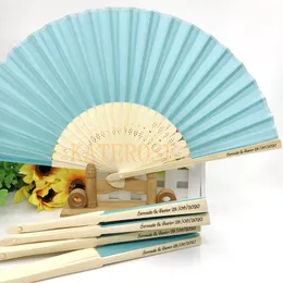 50st Personliga Bröllopsfan Favors Lake Green Cloths Bamboo Folding Fans Sommarfesttillbehör