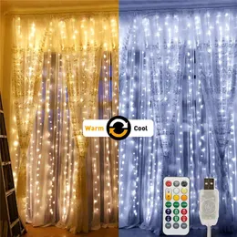 Strings 3x3m 300Leds RGB Warm White LED Curtain String Light With Hook USB Remote Control Christmas Decor Colorful Fairy LightsLED