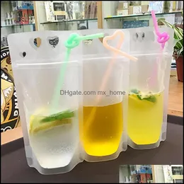 Disposable Drink Pouch Heart Shape Juice Beverage Milk Coffee Packaging Plastic Frosted With Handle And Holes For St Food Storage Drop Deliv