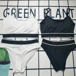 Sexig delad baddräkt Solid Bikini Set Sports Swimwears High midja med kuddar Damer Baddräkt Sommar Sling Simning Black White Color
