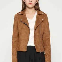 2022 가을 패션 여성 스웨이드 오토바이 재킷 슬림 브라운 풀 안감 부드러운 가짜 가죽 코트 팜스 emme cuir epaulet zipper l220728