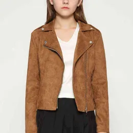 2022 Autumn Fashion Women Suede Motorcykeljacka Slim Brown Full Fodined Soft Faux Leather Coat Veste Femme Cuir Epaulet Zipper L220728