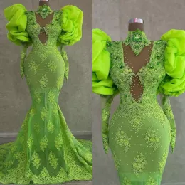 2022 Green Prom Dresses Mermaid Long Sleeves Lace Applique Beaded Custom Made High Neck Ruffles Evening Formal Gowns Formal Occasion Wear vestidos