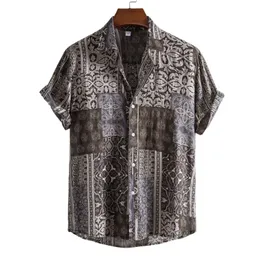 Camisas casuais masculinas masculino verão vintage étnico impressão de caju de camisa de manga curta blusa floral preta