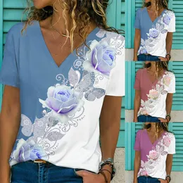 Kaus Lukisan Tema floreale Wanita Musim Panas Atasan Dasar Kerah V Stampa Blok Warna Floreale Biru Merah Muda Merah Stampa 3D Longgar 220613
