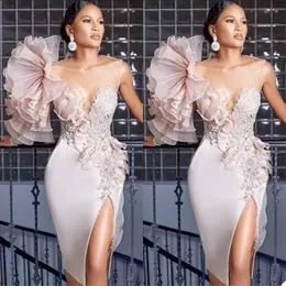 Modern Sheath Evening Dresses Luxury Beads Appliqued Sexy Side Split Prom Dresses RufflesTulle Robe De Soiree Party Gown Custom Made